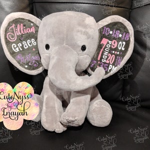Personalized Birth Stats Elephant, Newborn Gift, New Baby Gift, Monogram, Keepsake Elephant, Stuffed Animal, Baby Announcement, Baby Shower
