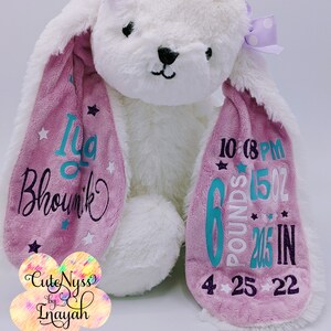 May include: White plush bunny with pink ears. The ears are embroidered with stars, the baby's name "Ila Bhoumik", and birth details: "10:08 PM", "6 POUNDS 15 OZ", "20.5 IN", "4-25-22".