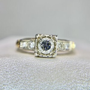Anillo de compromiso Art Deco de oro amarillo de 14 k con diamantes naturales europeos antiguos de 1/3 ct