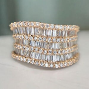 14k Rose Gold Effy Designer Baguette Cut Round Diamond Cocktail Band Ring