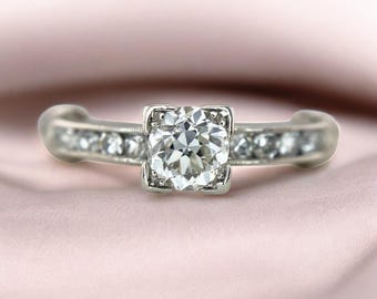 Art Deco Platinum Old European Natural Diamond Engagement Ring