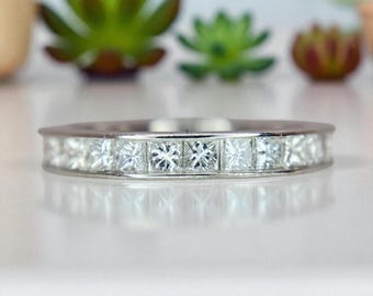 Vintage platina natuurlijke vierkante Princess Cut Diamond Channel Eternity bandring