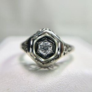 Vintage Art Deco 14k White Gold Natural Old European Diamond Filigree Ring