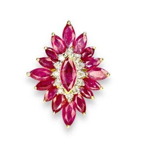 Vintage 18k Yellow Gold Signed Natural Marquise Ruby Round Diamond ...