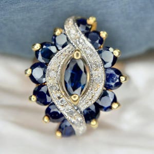14k Yellow Gold Natural Marquise Blue Sapphire Round Diamond Cocktail Ring