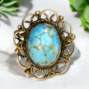 Vintage Sterling Silver Oval Turquoise Gemstone Filigree Solitaire Ring