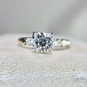 Art Deco 14k White Gold Natural Old European Diamond Engagement Ring 1/2 TCW