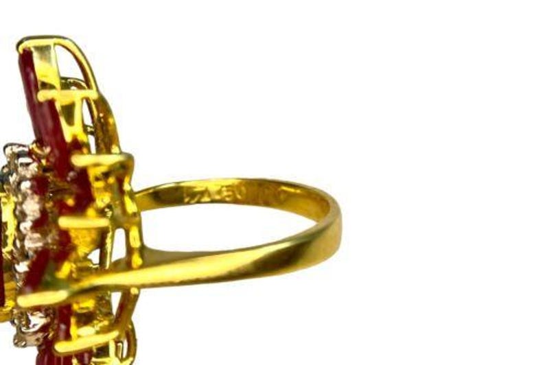 Vintage 18k Yellow Gold Signed Natural Marquise Ruby Round Diamond ...