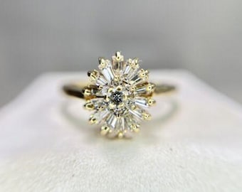 Vintage 14k Yellow Gold Natural Round Baguette Cut Diamond Small Cocktail Ring