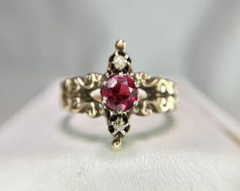 Vintage Victorian 14k Yellow Gold Natural Round Pink Rhodolite Garnet Pearl Ring