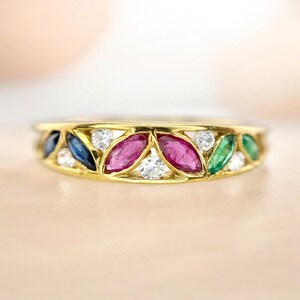 Vintage 14k Yellow Gold Natural Ruby Emerald Sapphire Diamond Band Ring