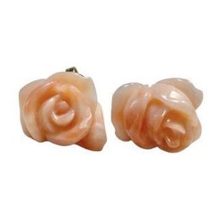 Vintage 14k Yellow Gold Natural Hand Carved Pink Coral Flower Stud Earrings