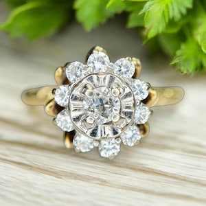 Vintage 14k Yellow Gold Old European Natural Diamond Flower Cocktail Ring