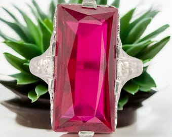 Art Deco Era 14k White Gold Filigree Red Ruby Cocktail Ring