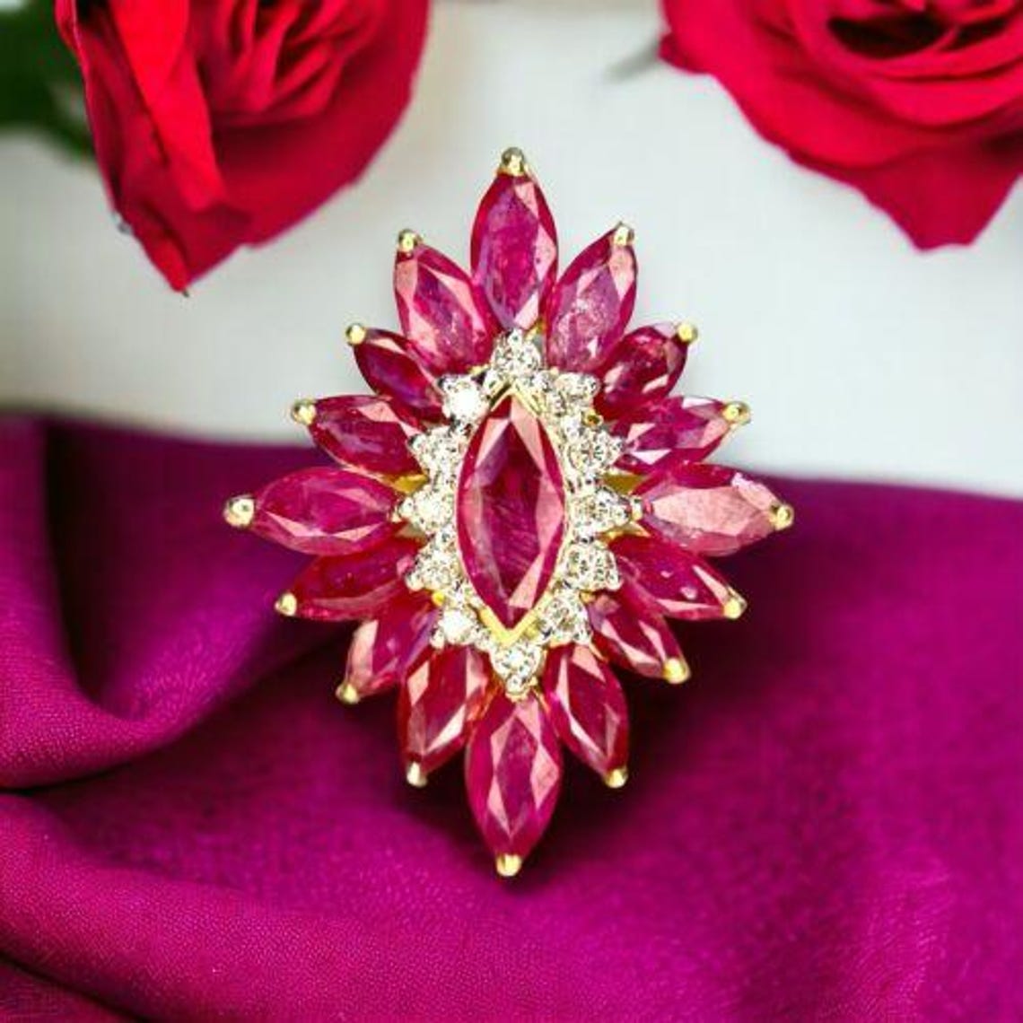 Vintage 18k Yellow Gold Signed Natural Marquise Ruby Round Diamond ...