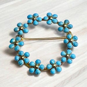 Art Nouveau 14k Yellow Gold Light Blue Enamel Flower Pin Brooch