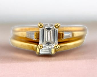 Vintage 18k Yellow Gold Emerald Cut Diamond Engagement Wedding Ring Set
