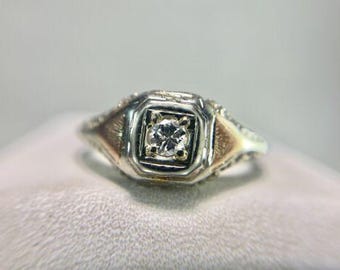 Vintage Art Deco 18k White Gold Old European Diamond Filigree Engagement Ring