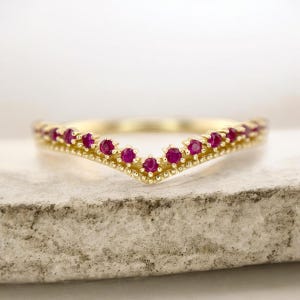14k Yellow Gold Natural Round Red Ruby Curved Wedding Band Stack Ring