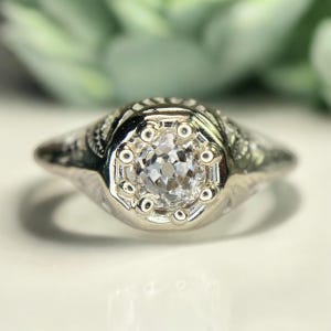 Art Deco 14k White Gold Natural Old European Diamond Filigree Engagement Ring
