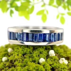 Vintage 18k Weißgold Natürliche Baguette Saphir Eternity Bandring