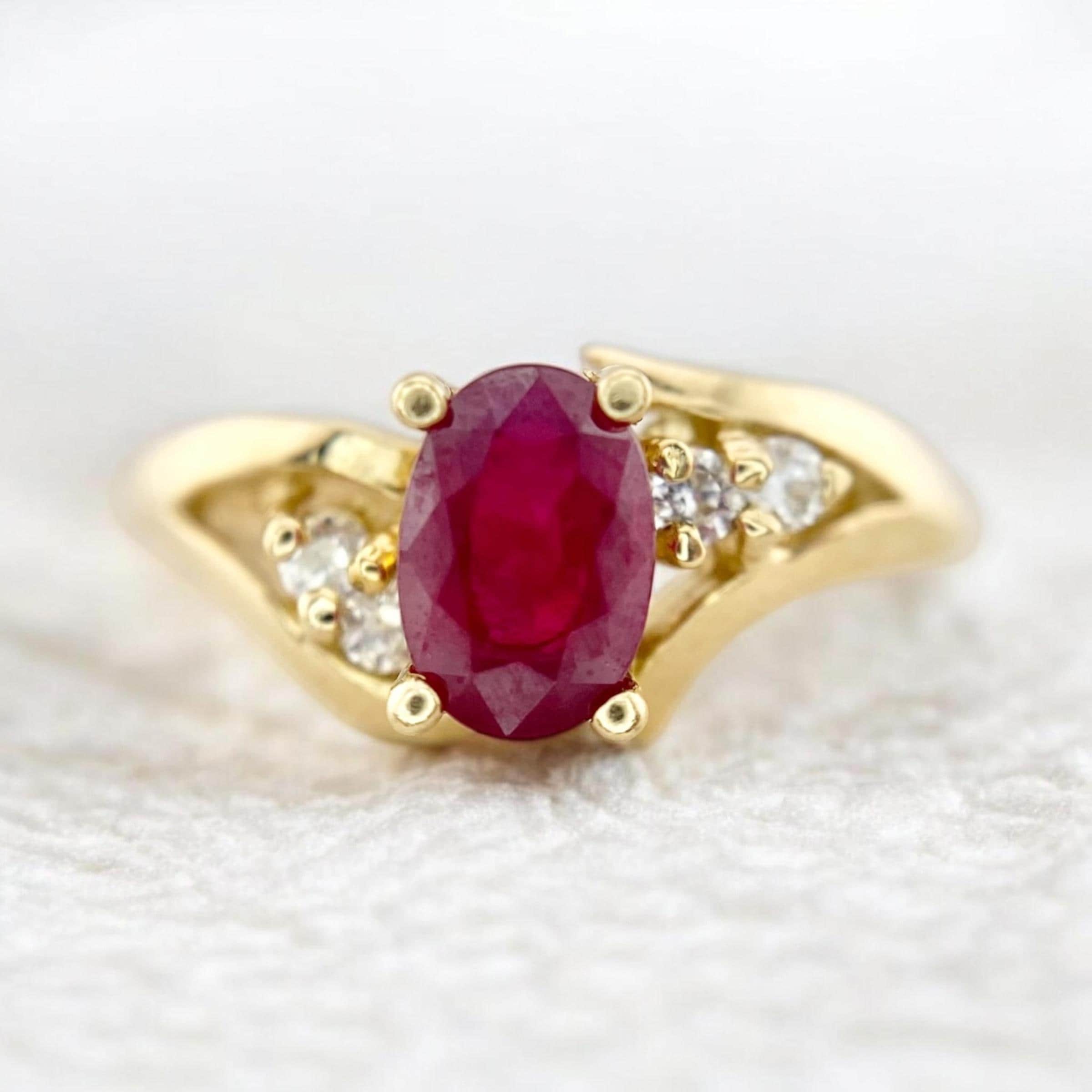 Vintage 14k Yellow Gold Oval Red Ruby Round Diamond Ring - Etsy