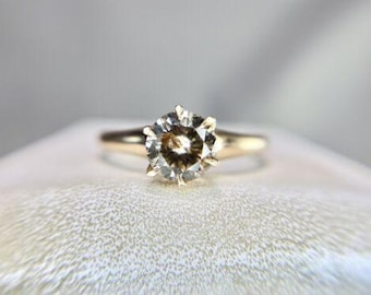 Vintage 10k Yellow Gold Natural Fancy Brown Color Round Diamond Engagement Ring