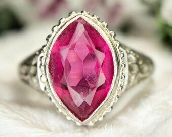 Art Deco 10k White Gold Synthetic Marquise Ruby Filigree Small Ring