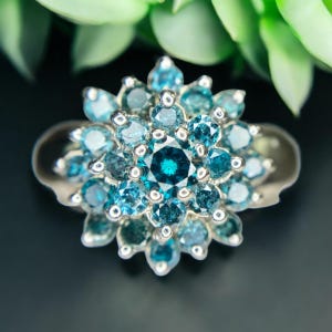 Vintage 10k White Gold Natural Fancy Color Blue Diamond Cluster Cocktail Ring