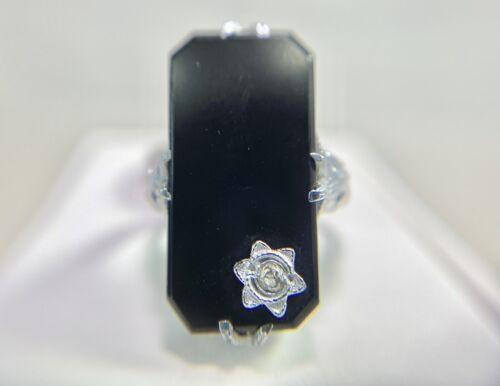 Art-Deco-14k Weißgold Natürliche Alte Europäische Diamant Schwarzer Onyx Filigree Ring