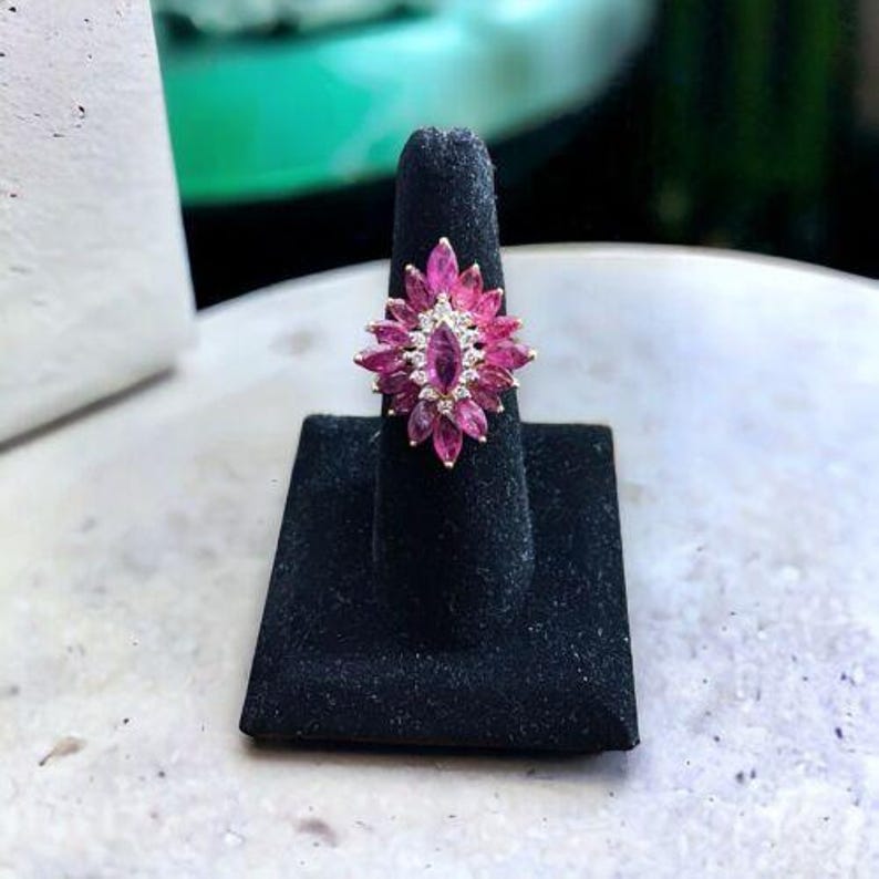 Vintage 18k Yellow Gold Signed Natural Marquise Ruby Round Diamond ...