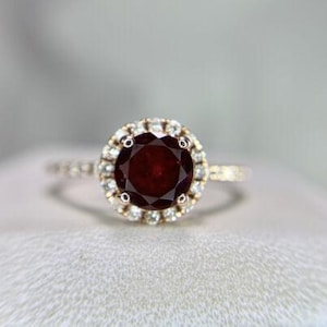 14k Rose Gold Natural Round Red Rhodolite Garnet Diamond Halo Engagement Ring