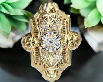 Vintage Art Deco 10k Yellow Gold Natural Diamond Filigree Shield Ring