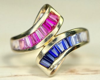 Vintage 10k Yellow Gold Multicolor Sapphire Bezel Set Bypass Ring