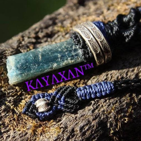 Australian Indigo Kyanite, Pendant Macrame Necklace, NeoTribal Fashion Recycle Burningman Jewelry, Eco Vegan Celtic Larp viking Cuff