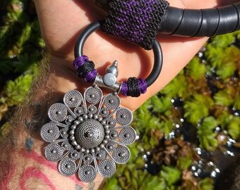 Silver Tribal, Cyberpunk Shibari BlackSUN Tribal Amulet CyberPunk Upcycle Necklace, SteamPunk Dark NeoTribal Burningman Viking clothing Larp