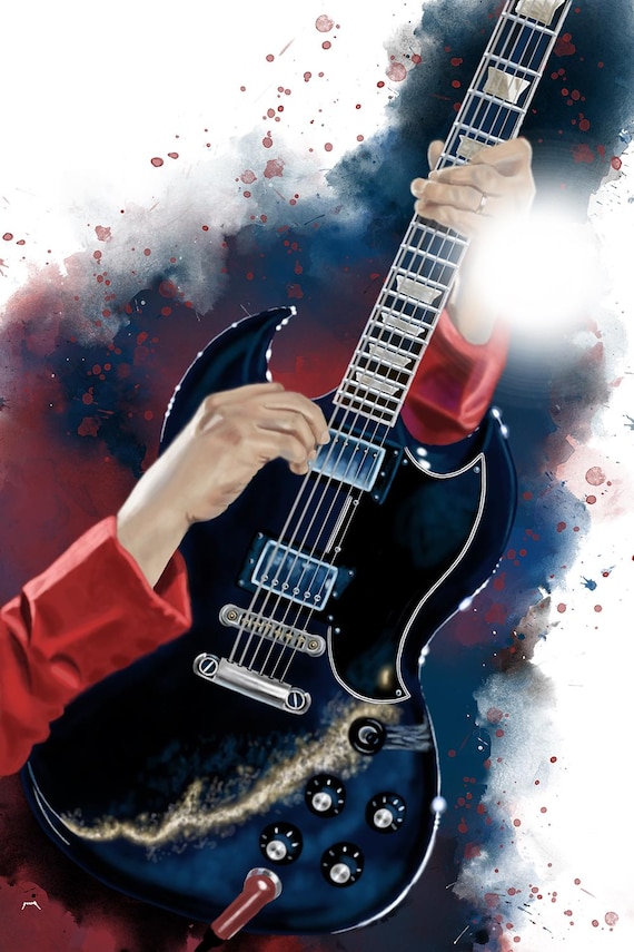Black electric guitar art, digital drawing 36x24"