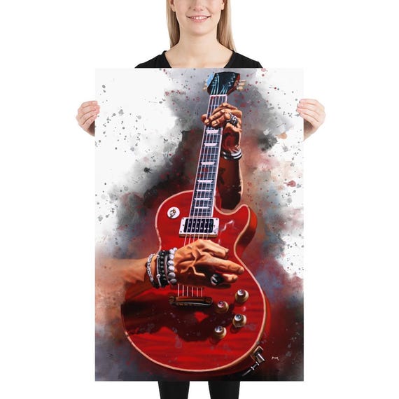 Fire Red Electric Guitar Art, Digital Drawing 18x24"