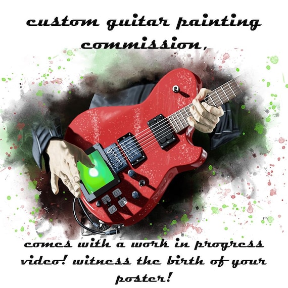 Custom Electric Guitar Painting With Hand Portrait Hand-Painted Colorful Digital Painting, Personalized Guitar Art Printed On Paper 24x36"
