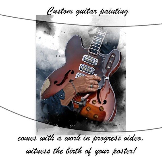 Custom Electric Guitar Painting With Hand Portrait | Hand-Painted Colorful Digital Painting, Great Guitar Decor, Printed On Paper 24x36"