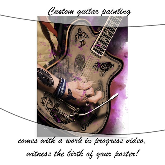 Custom Electric Guitar Painting With Hand Portrait Hand-Painted Colorful Digital Painting, Great Music Studio Decor Printed On Paper 24x36"