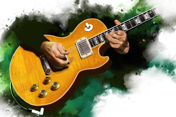 Burst electric guitar art, digital drawing 36x24"
