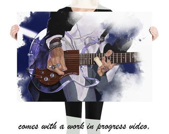 Custom Electric Guitar Painting With Hand Portrait | Hand-Painted Colorful Digital Painting Printed On Paper 24x36"