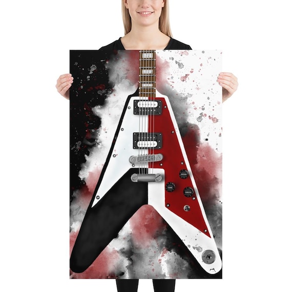 Black, White Red Electric Guitar Art Print: Music Room Decor, Guitar Gifts (24x36)