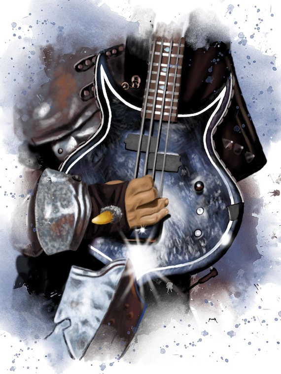 The Demon's electric bass guitar art, digital drawing 18x24"