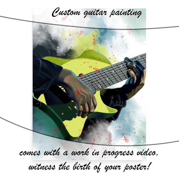 Custom Electric Guitar Painting With Hand Portrait Hand-Painted Colorful Digital Painting, Great Music Teacher Gift Printed On Paper 24x36"