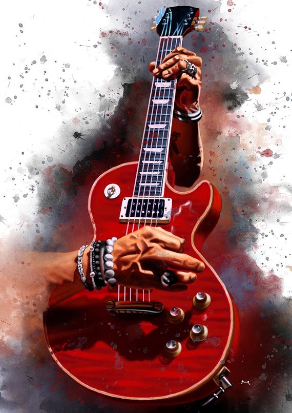 Fire Red Electric Guitar Art, Digital Drawing 24x36"