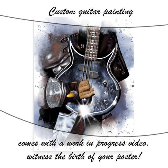 Commission Painting Of Bass Guitar Wih Hand Portrait, Custom Digital Painting from Photo, Personalized Gift For Guitarist