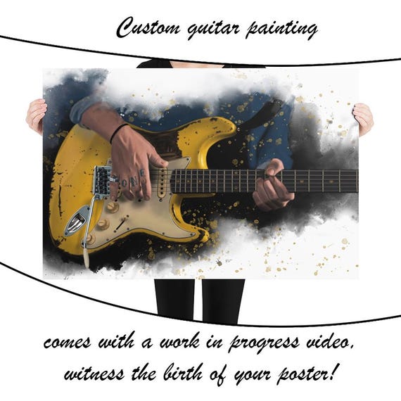 Custom Electric Guitar Painting With Hand Portrait | Hand-Painted Colorful Digital Painting, Great Guitar Gift, Printed On Paper 24x36"