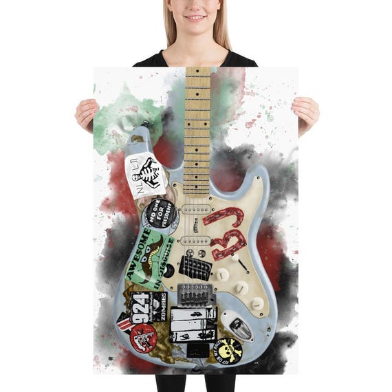 Blue Electric Guitar Art, Digital Drawing 24x36"